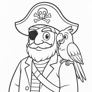 Black & White Cartoon Parrot with a Pirate Free Printable Page - looking to the left