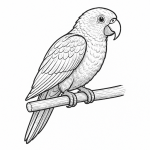Black & White Detailed Parrot in a Branch Free Printable Page - looking to the right