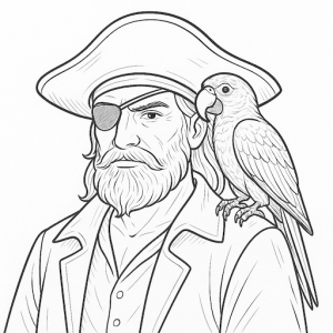 Black & White Detailed Parrot in a Pirate's Shoulder Free Printable Page - looking to the left