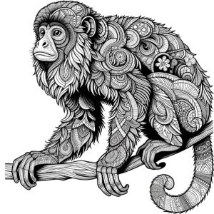 Black & White Howler Monkey Coloring Page. The monkey is stting on a branch and looking left.