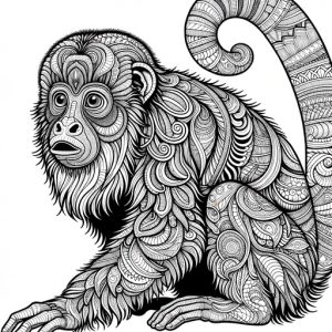 Black & White Howler Monkey Coloring Page. The monkey has its mouth open.
