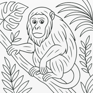 Black & White Howler Monkey Coloring Page sitting in a tree sad
