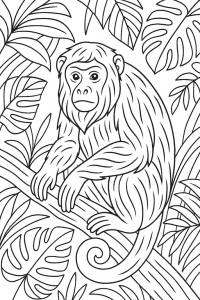 Black & White Howler Monkey Coloring Page sitting in a tree angry