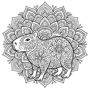 Black & White Mandala Calybara Free Printable Page - looking to the left, surrounded by mandala pattern