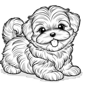 Black & White Cute Shih Tzu Puppy Free Printable Coloring Page - playful with tounge
