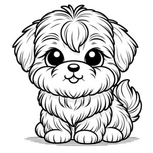 Black & White Cute Shih Tzu Puppy Free Printable Coloring Page - sitting