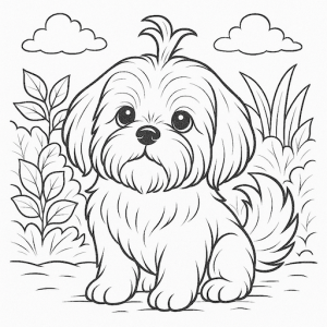 Black & White Cute Shih Tzu Puppy Free Printable Coloring Page - with background