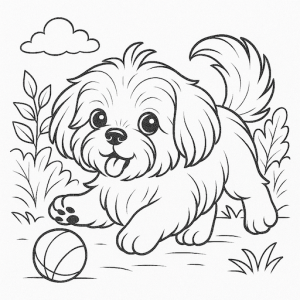 Black & White Cute Shih Tzu Puppy Free Printable Coloring Page - playful with ball and background