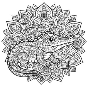 Black & White Free Printable Children's Mandala Crocodile - looking to the right
