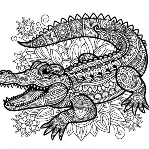 Black & White Free Printable Children's Mandala Crocodile - looking to the left
