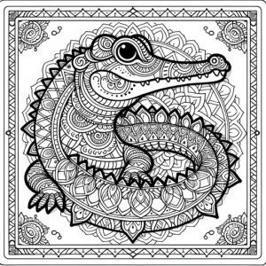 Black & White Free Printable Children's Mandala Crocodile - looking to the right with a frame