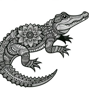 Black & White Free Printable Children's Mandala Crocodile - looking to the right