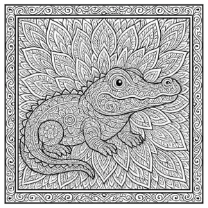 Black & White Free Printable Children's Mandala Crocodile - looking to the right