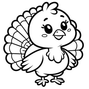 Black & White Free Printable Children's Cute Turkey - looking to the right