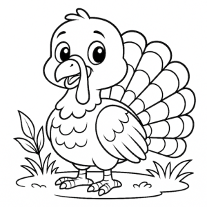Black & White Free Printable Children's Cute Turkey - looking to the left and smiling