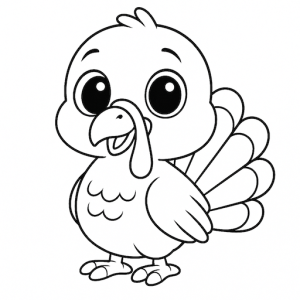Black & White Free Printable Children's Cute Turkey - looking to the left and smiling